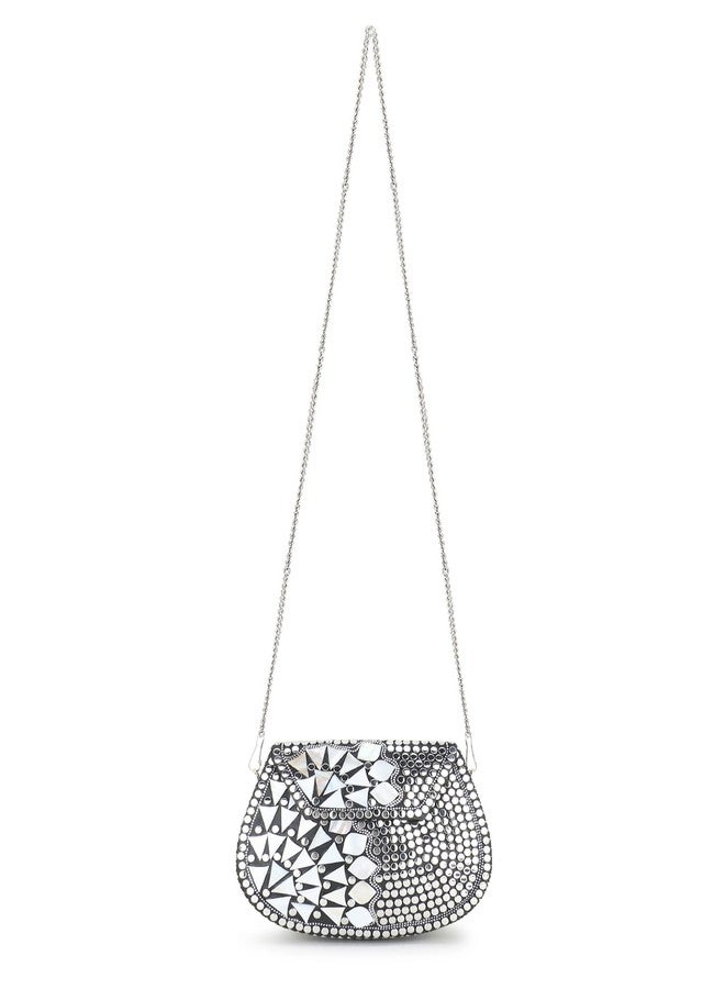 Anekaant Mosaic Silver & White Metal Embellished Clutch - Image 5